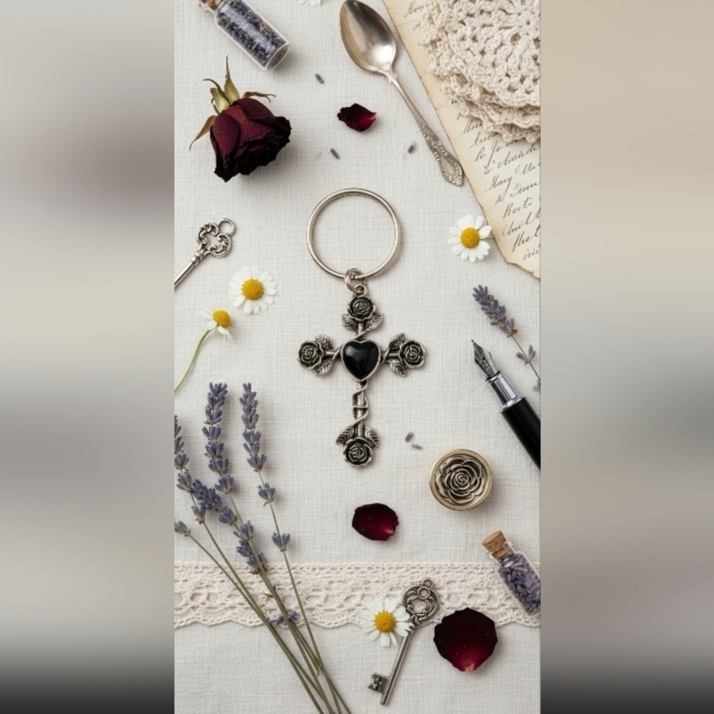 Silver Tone Cross Heart Charm Keychain Bag Charm